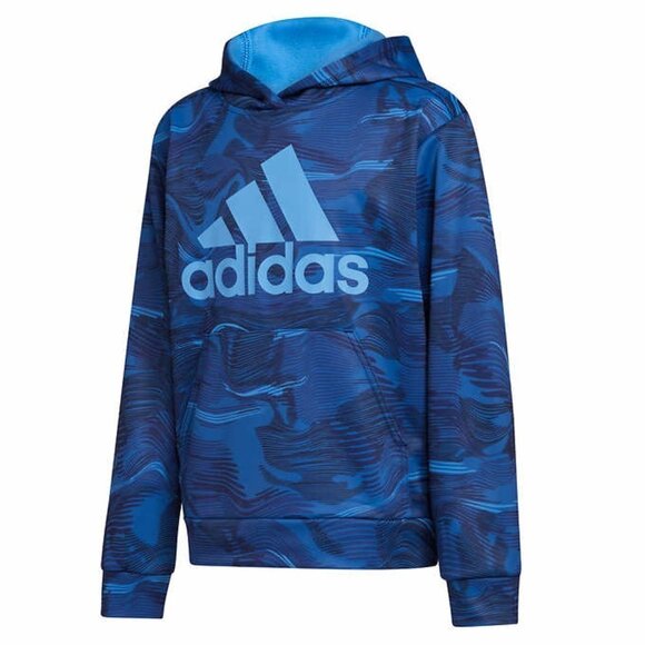 NWT - adidas Youth Blue fleece hoodie with camo all-over & Blue Logo - Size S - Picture 1 of 2
